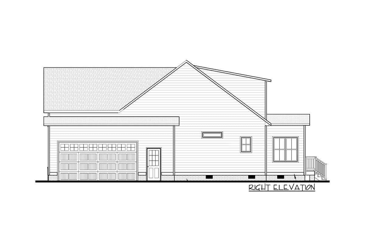Right elevation drawing of a house plan, showing a side-entry garage, multiple gables, and various window types.