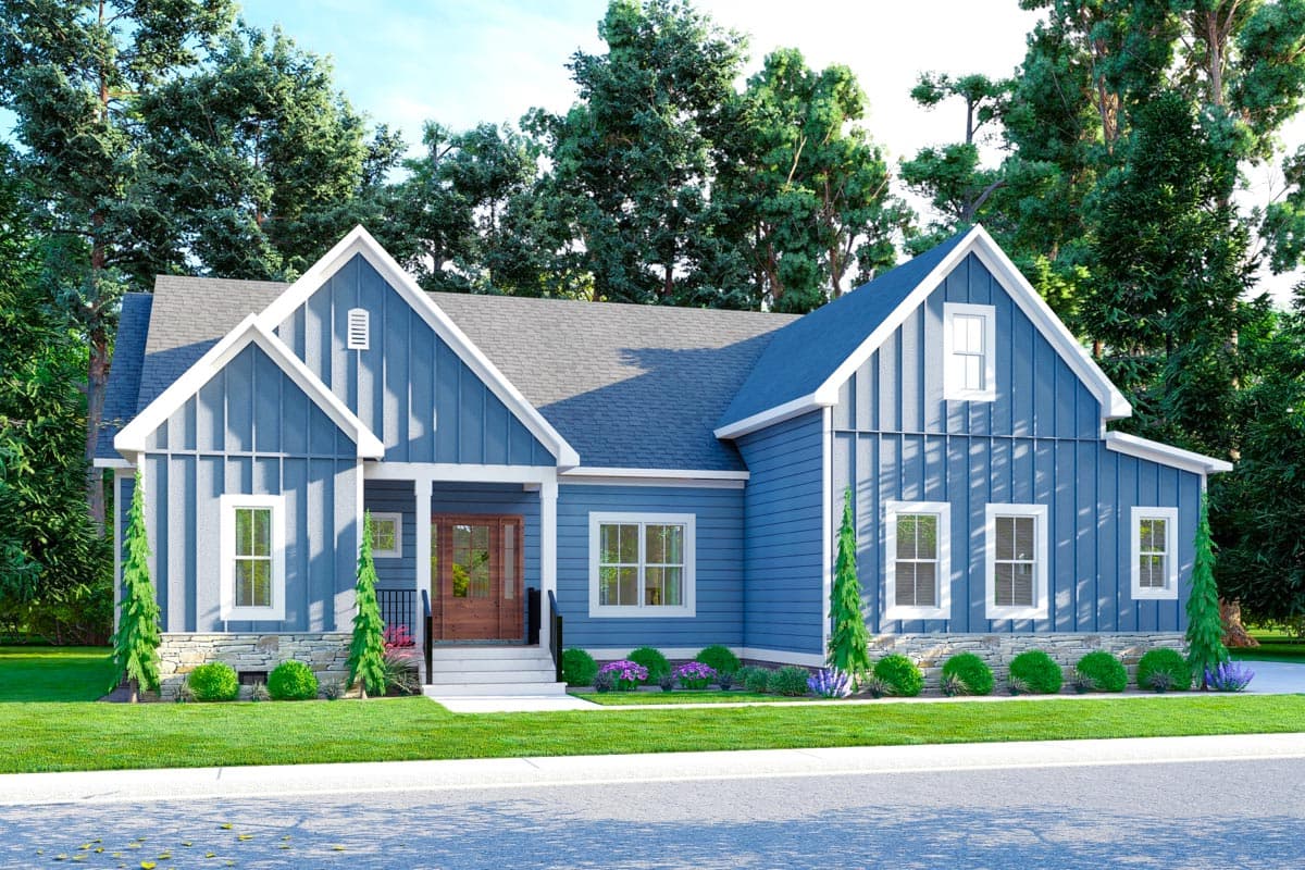 House plan exterior view, single-story Modern Farmhouse with gables, a covered porch, and board and batten siding.