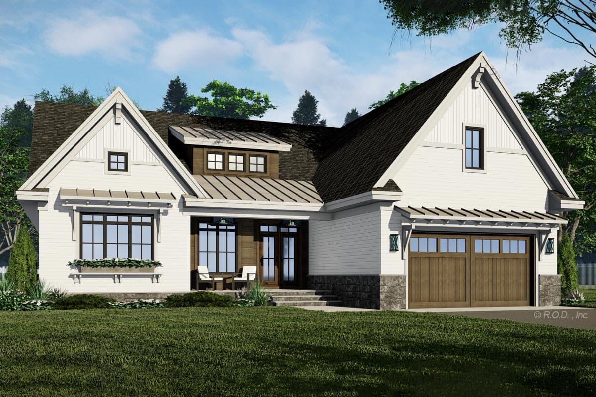 House plan exterior featuring a two-story Modern Farmhouse design. Notable features include gabled rooflines, a covered porch, and a two-car garage.