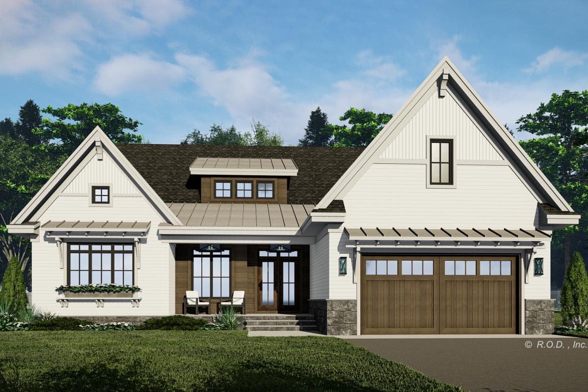 Modern Farmhouse house plan exterior with gables, dormers, a covered entry, and a 2-car garage.