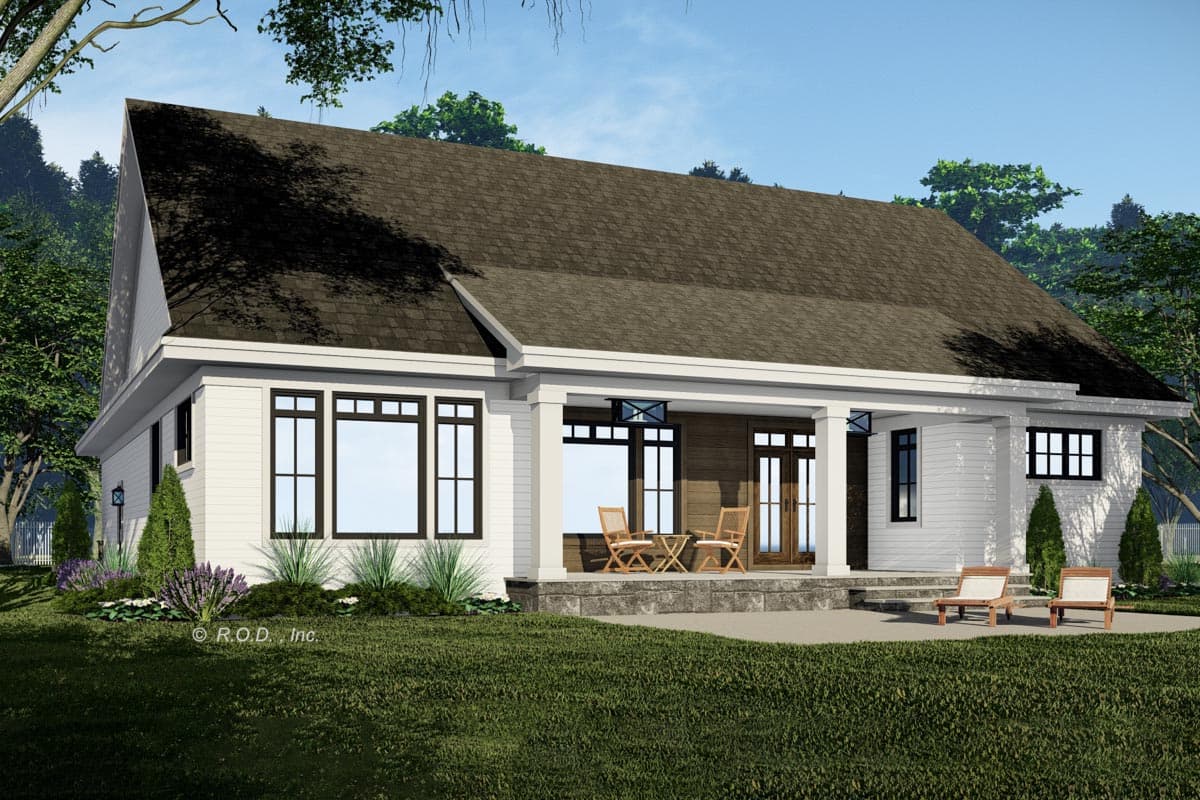 House plan exterior showing a one-story Modern Farmhouse with a covered porch, large windows, and a steeply pitched gable roof.
