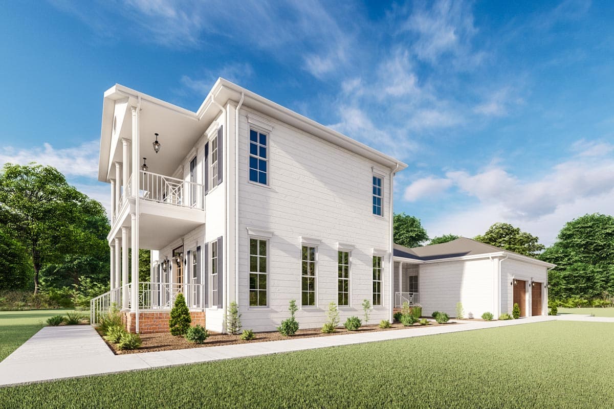 House plan exterior: Two-story Modern Farmhouse with a double-deck front porch, gables, and an attached two-car garage.