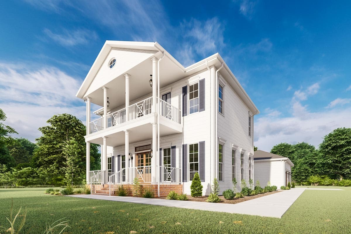 Two-story house plan exterior with double-stacked porches, gables, and white clapboard siding.