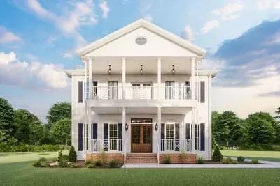Southern Traditional House Plan with Stacked Front Porches and Rear Garage