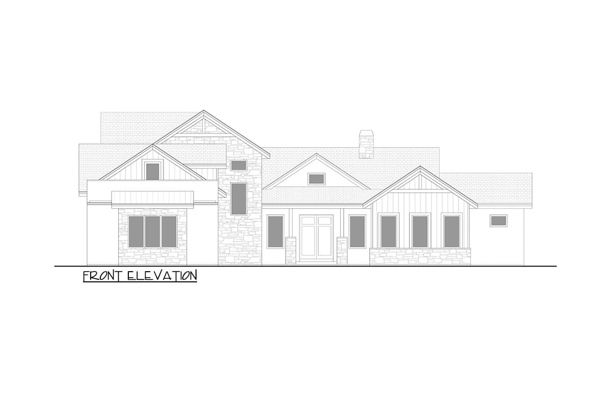 Front elevation drawing of a multi-story house plan with stone accents, gabled rooflines, dormers, and a covered entryway.