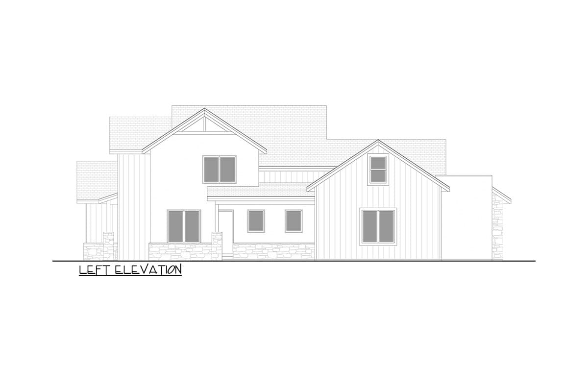 Left elevation drawing of a two-story house with stone foundation, gables, and varied rooflines.