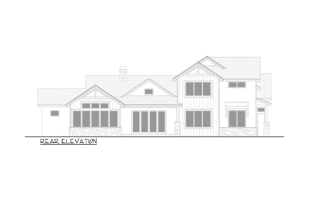 Rear elevation drawing of a two-story house plan with multiple gables, large windows, and stone accents.
