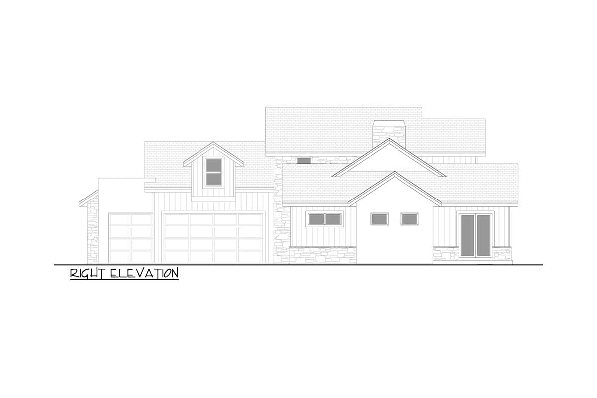 Right elevation drawing of a house plan featuring a dormer, multiple gables, stone accents, and a three-car garage.