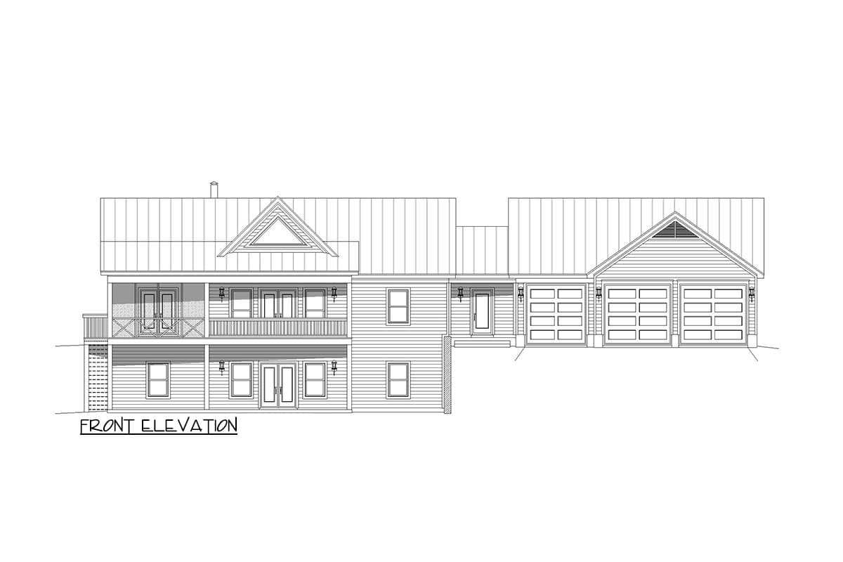 Front elevation drawing of a two-story house plan with a metal roof, second-story balcony, and a five-car garage.