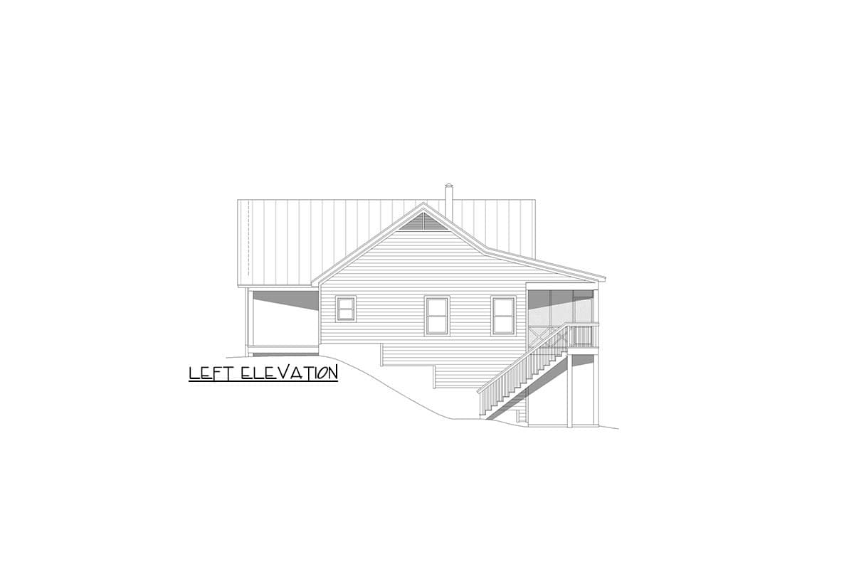 Left elevation drawing of a one-story house plan with a gabled roof, porch, screened porch, and exterior stairs.