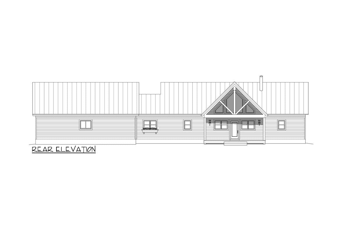 Rear elevation drawing of a single-story house with a prominent gable end, exposed beams, and horizontal siding.