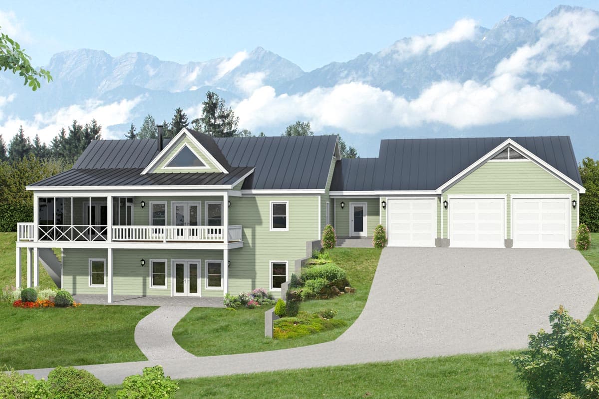 House plan exterior with two stories, a screened porch, gables, and a three-car garage. Features a dark metal roof and light green siding.