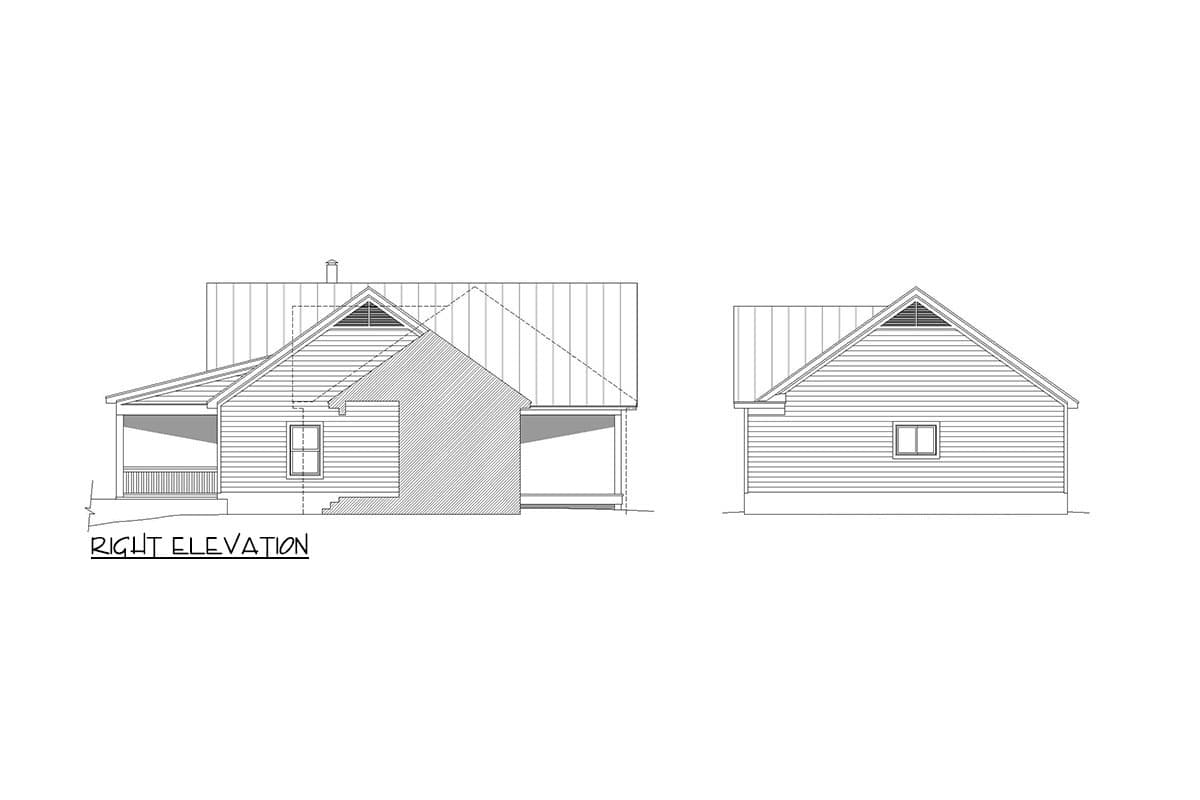 Right and side elevations of a house plan featuring horizontal siding, gabled roof, porch, and one window.