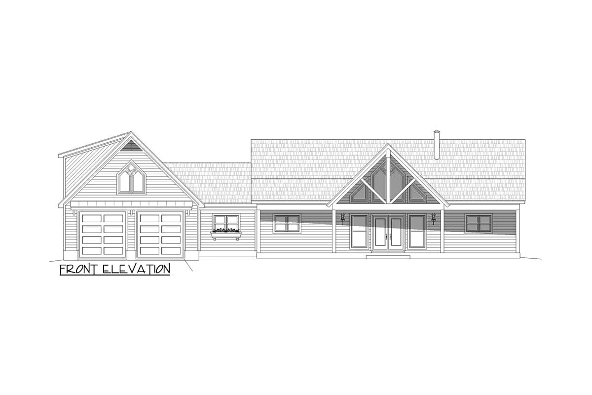 Front elevation drawing of a house plan with a side-entry two-car garage and a prominent gable with double doors.