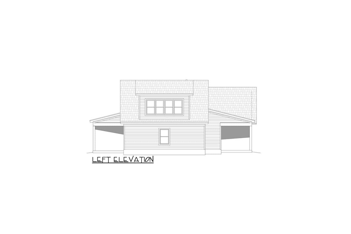 Left elevation house plan showing a two-story structure with a prominent dormer, horizontal siding, and two covered porch areas.