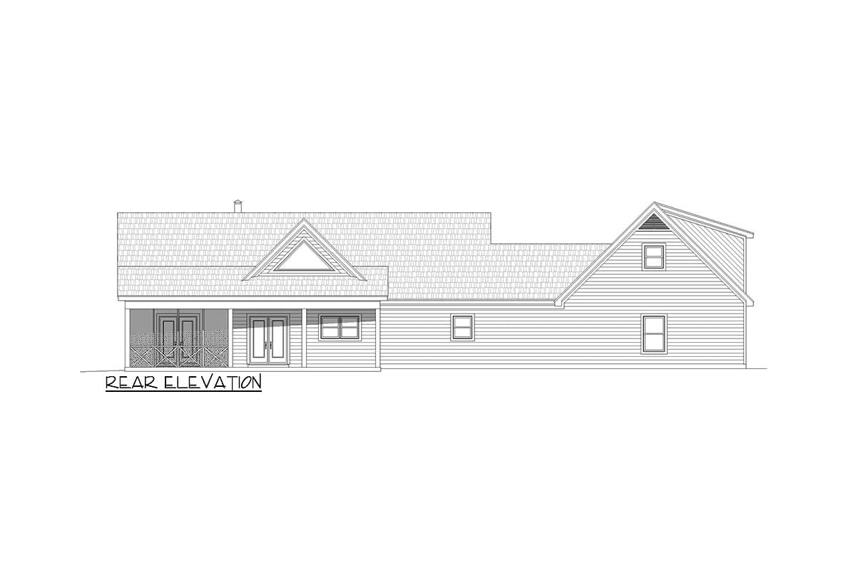 Rear elevation drawing of a house with a covered porch, gabled dormer with window, and pitched rooflines.
