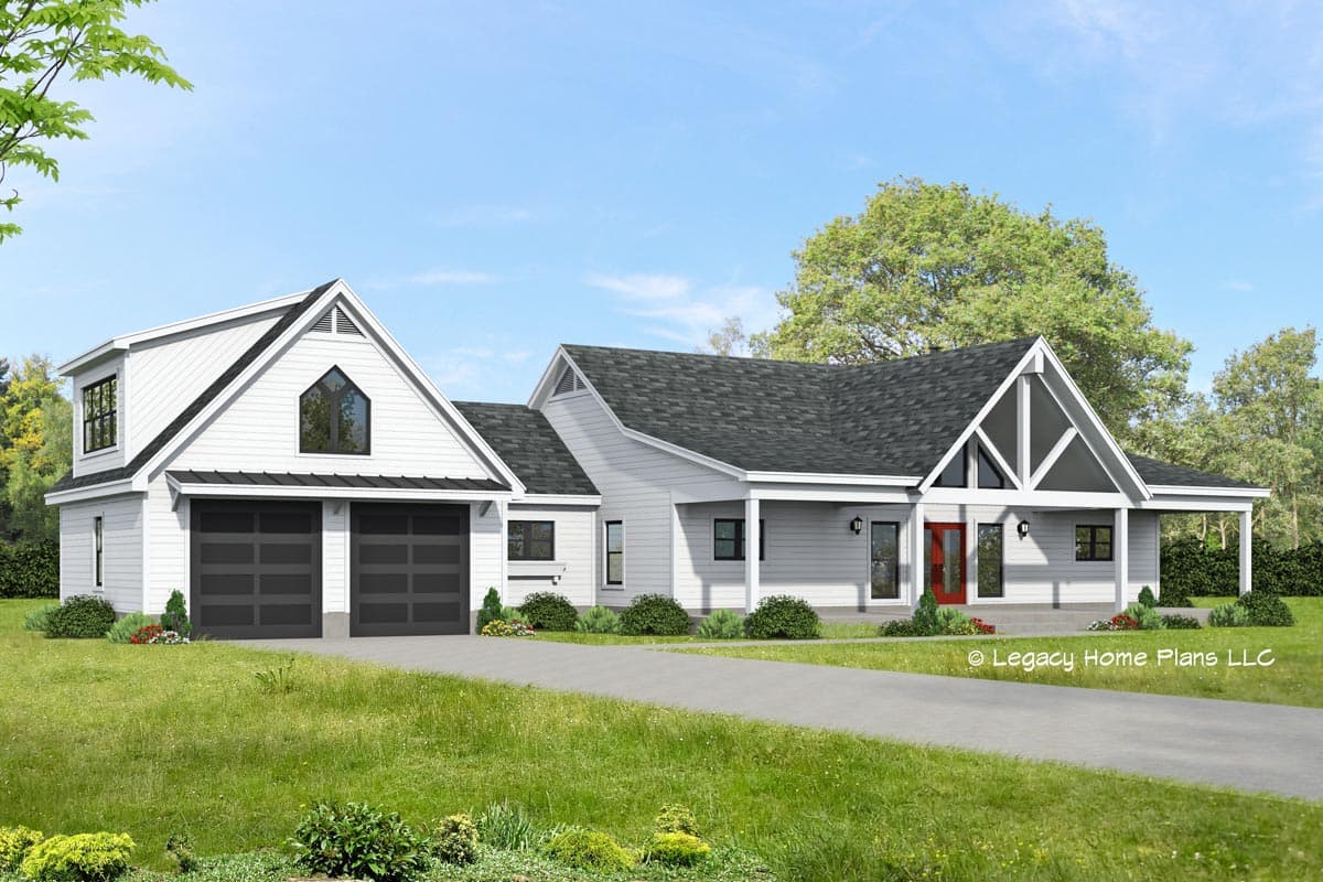 House plan exterior featuring a two-story Craftsman style home with gable roof, covered porch, and attached garage with dormer.