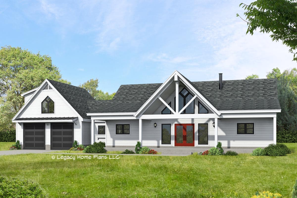 House plan exterior: Modern design with a prominent A-frame gable, dual garage doors, and a covered entry.