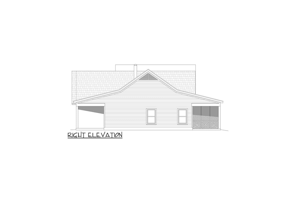 Right elevation house plan showing a gabled roof, covered porch, and screened porch.