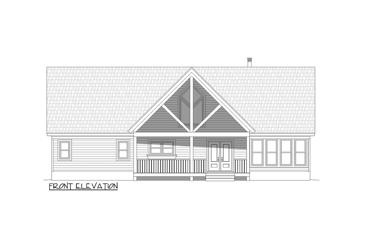 Front elevation drawing of a house plan featuring a prominent gable with exposed beams, a covered porch, and multiple windows.