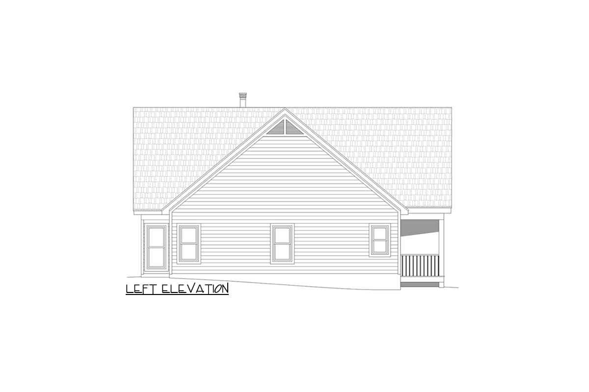Left elevation drawing of a house plan with siding, gabled roof, dormer vent, and porch.