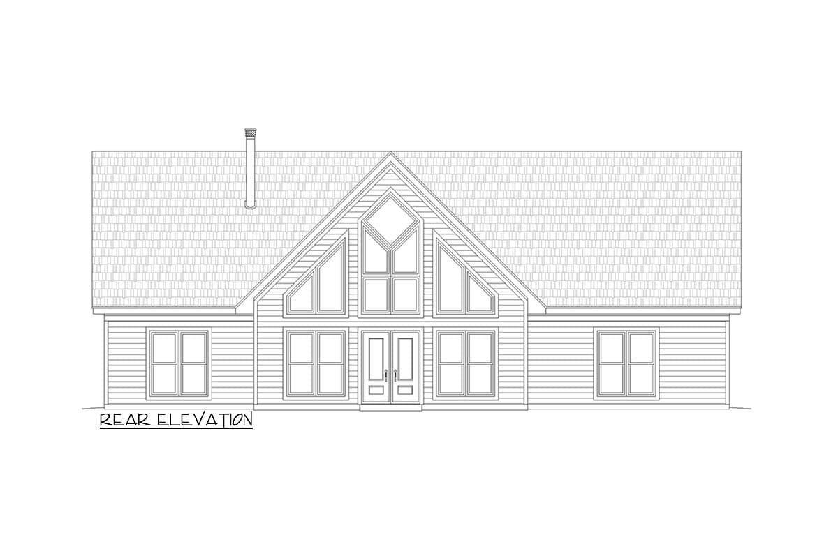 Rear elevation of a house plan featuring a prominent central gable with multiple windows, double doors, and siding.