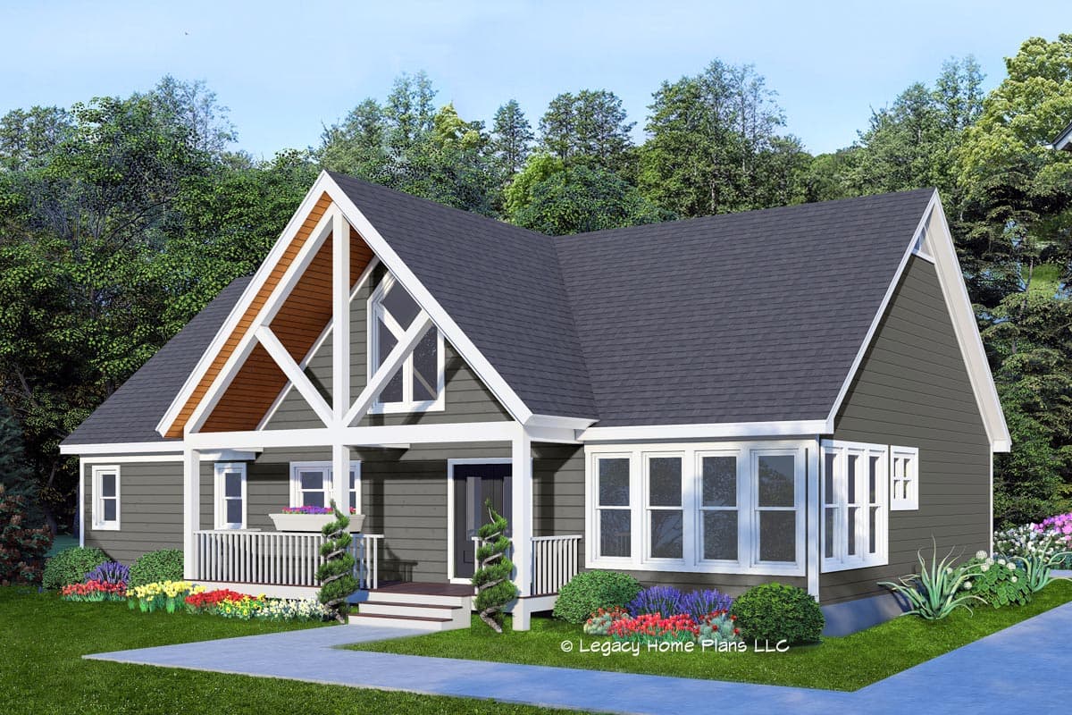 House plan exterior featuring a gabled roof, front porch with railing, and decorative gable truss. Single-story, dark gray siding.