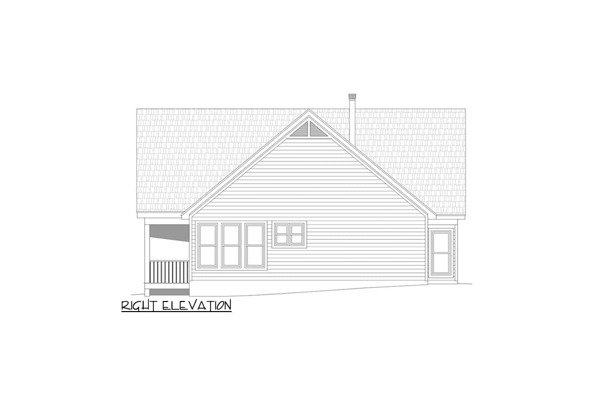 Right elevation drawing of a house plan featuring a gabled roof, porch, and multiple windows.
