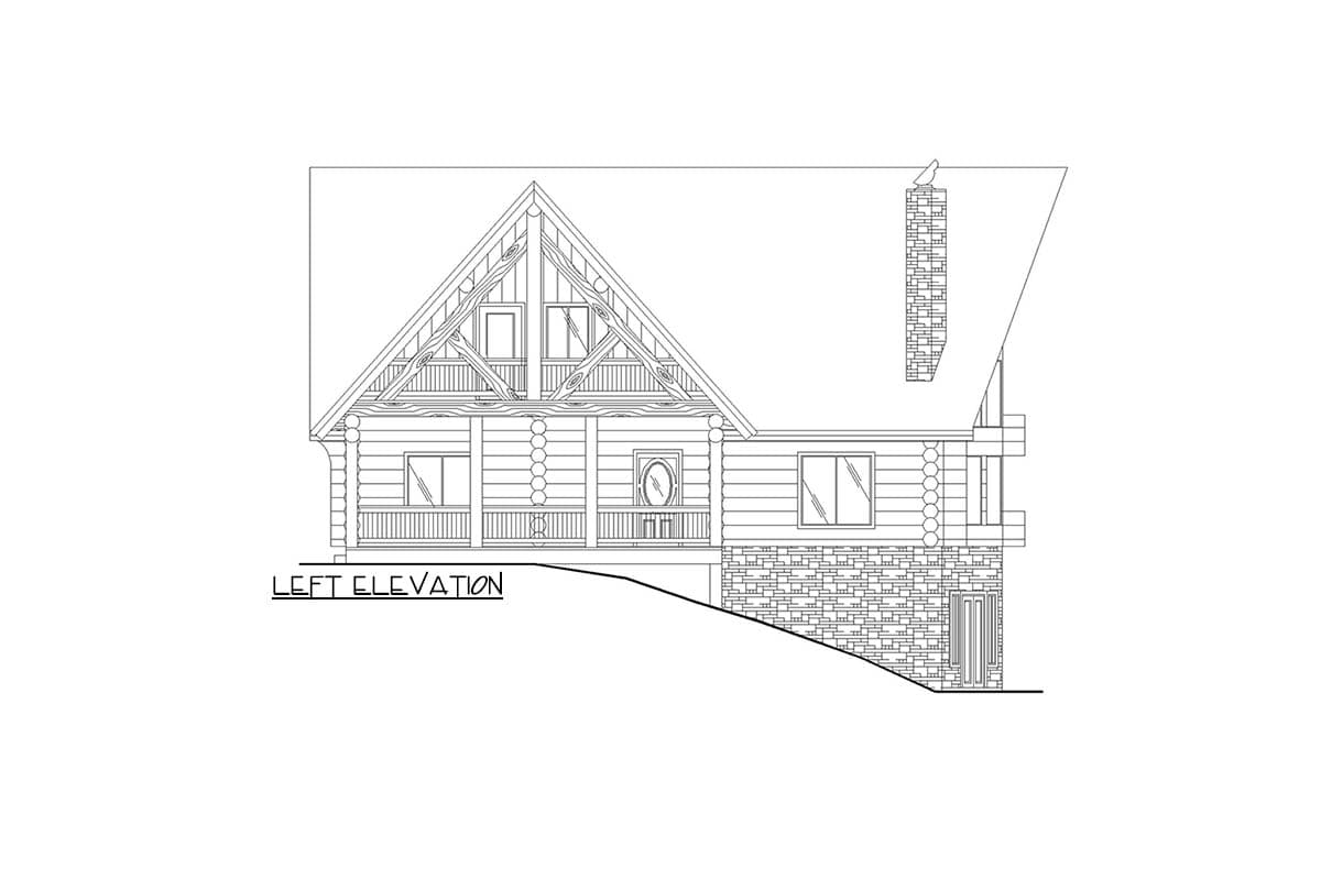 Log home floor plan: left elevation showing a covered porch, prominent gable with exposed beams, and stone foundation.