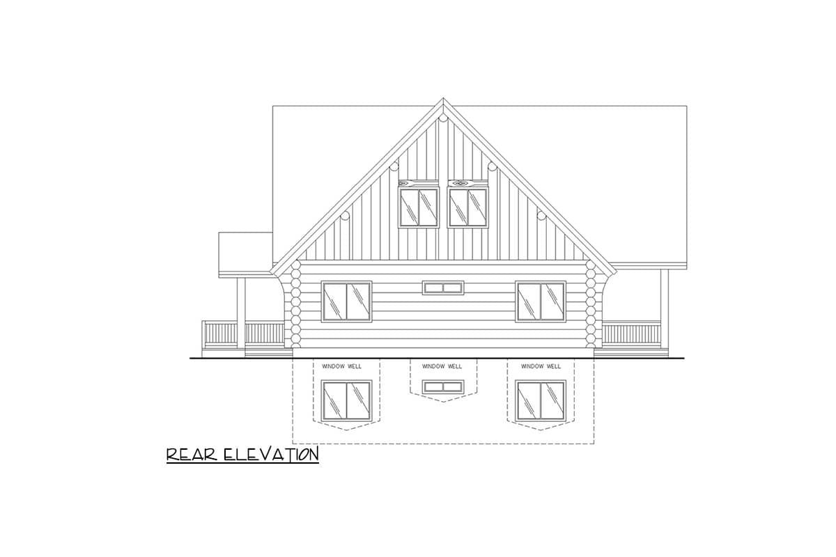 Rear elevation drawing of a log house plan with multiple windows, window wells, and a porch.