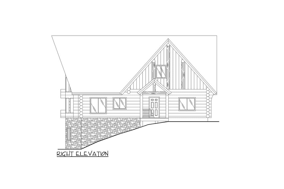 Log home house plan, right elevation drawing shows stone foundation, covered entry, and large gable.