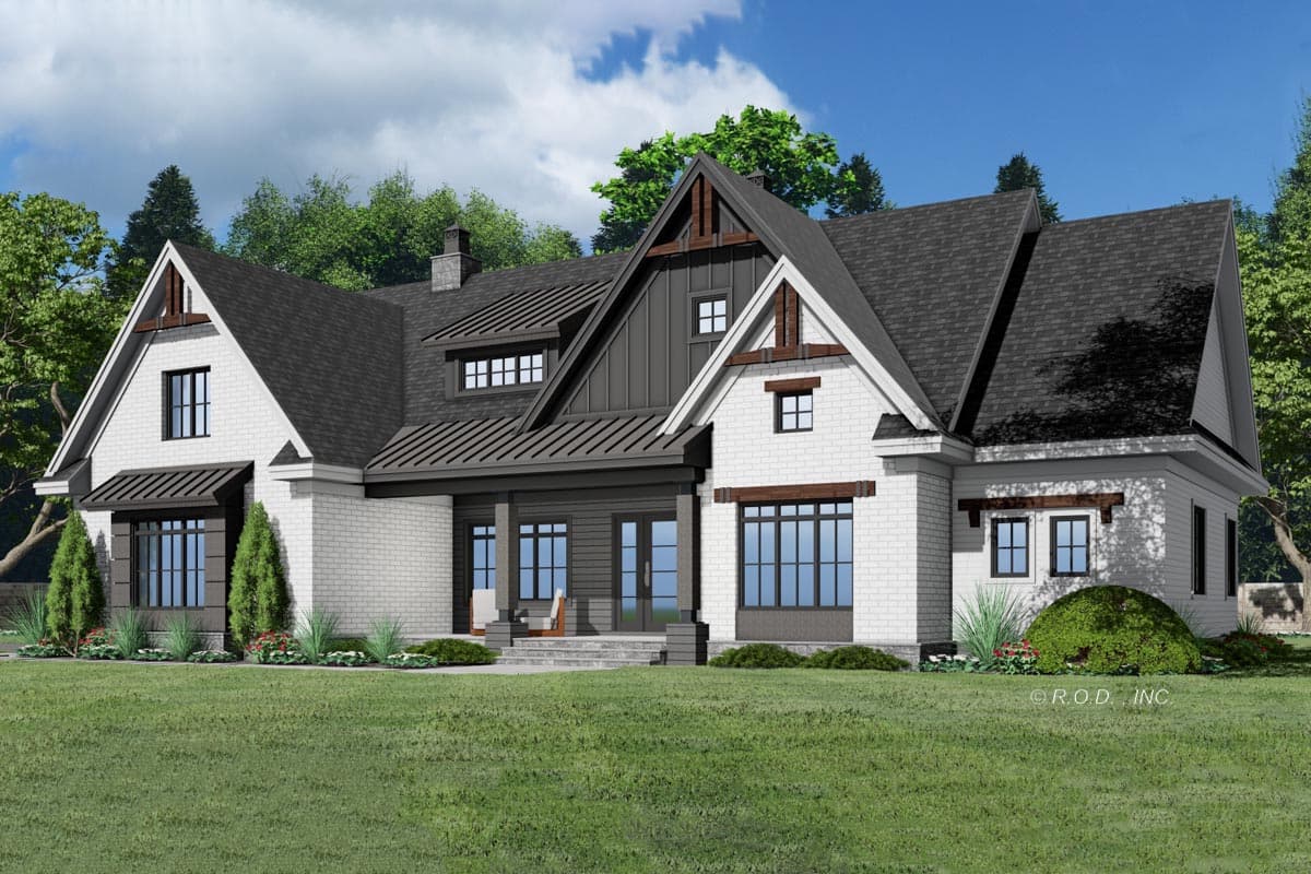 House plan exterior: Modern Farmhouse style, two stories, prominent gables, metal roof awnings, and a covered porch with timber accents.