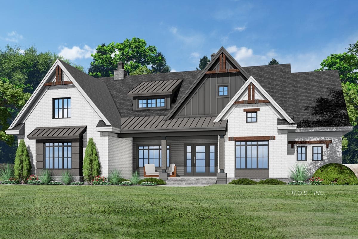 Modern Farmhouse house plan exterior with white brick, gables, exposed beams, dormers, and covered entry.
