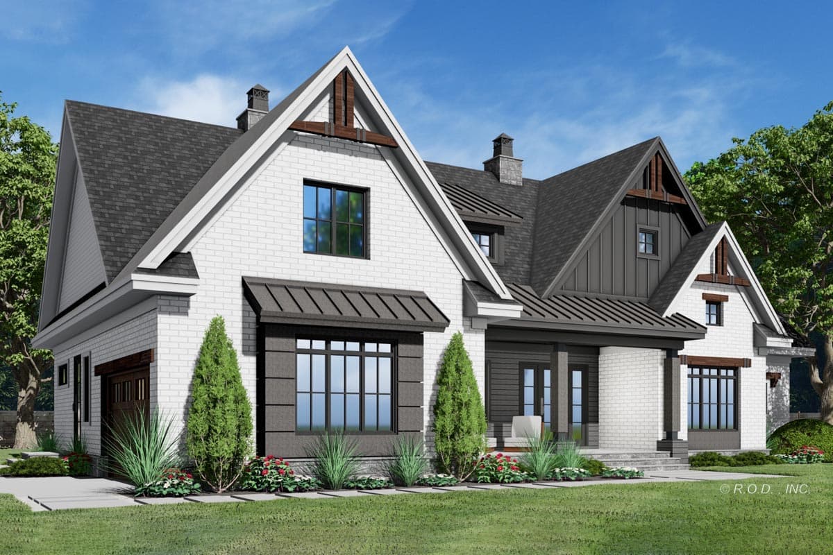 House plan exterior, modern farmhouse style, two stories, white brick, metal awnings, gabled rooflines, and a covered front porch.