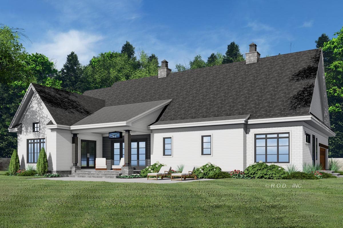 House plan exterior rendering shows a one-story modern house with a covered porch, multiple gables, and brick and siding accents.
