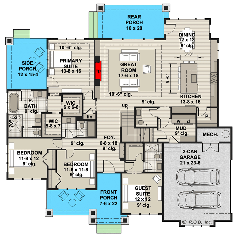 Plan 14748RK: 4 Bed Transitional Farmhouse Plan with Private Master Suite Porch - 2563 Sq Ft - Floor Plan - Main Level - Farmhouse, Modern Farmhouse, New American, Rustic, Transitional