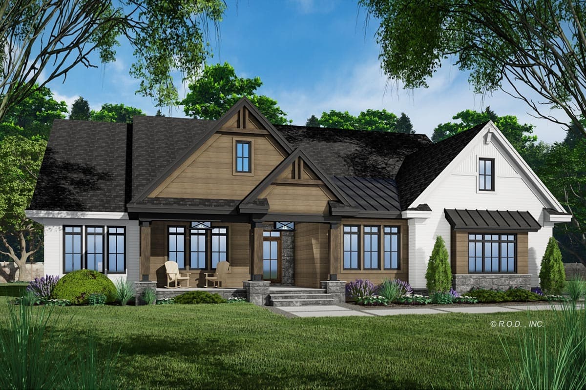House plan exterior. Modern Farmhouse style with a single story, a covered porch, multiple gables, and a mix of siding and dark roofing.