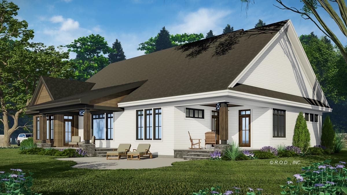 House plan exterior: Modern style, one story, with gabled dormers, covered porch, and multiple rooflines.