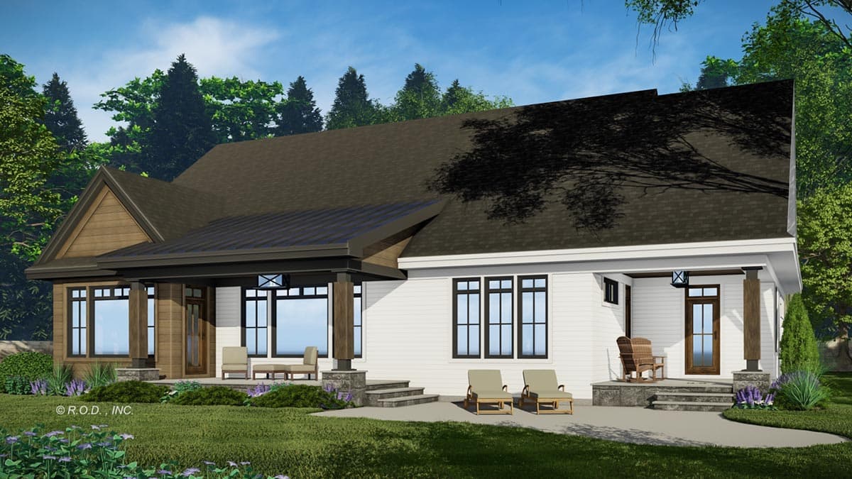 House plan exterior: Modern Ranch with a large covered porch, gables, and expansive windows.