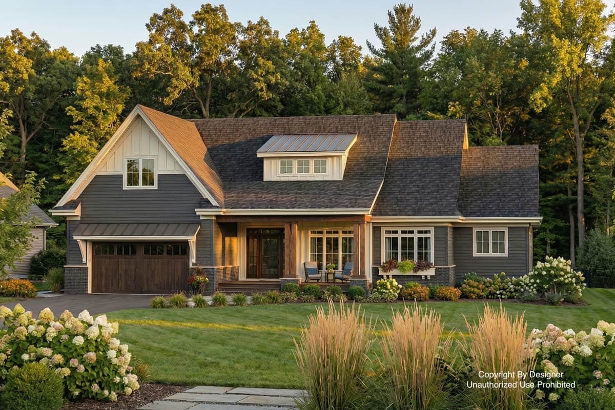 House plan exterior: Craftsman style, 1.5 stories, with a gabled dormer, covered porch, and side-entry garage.