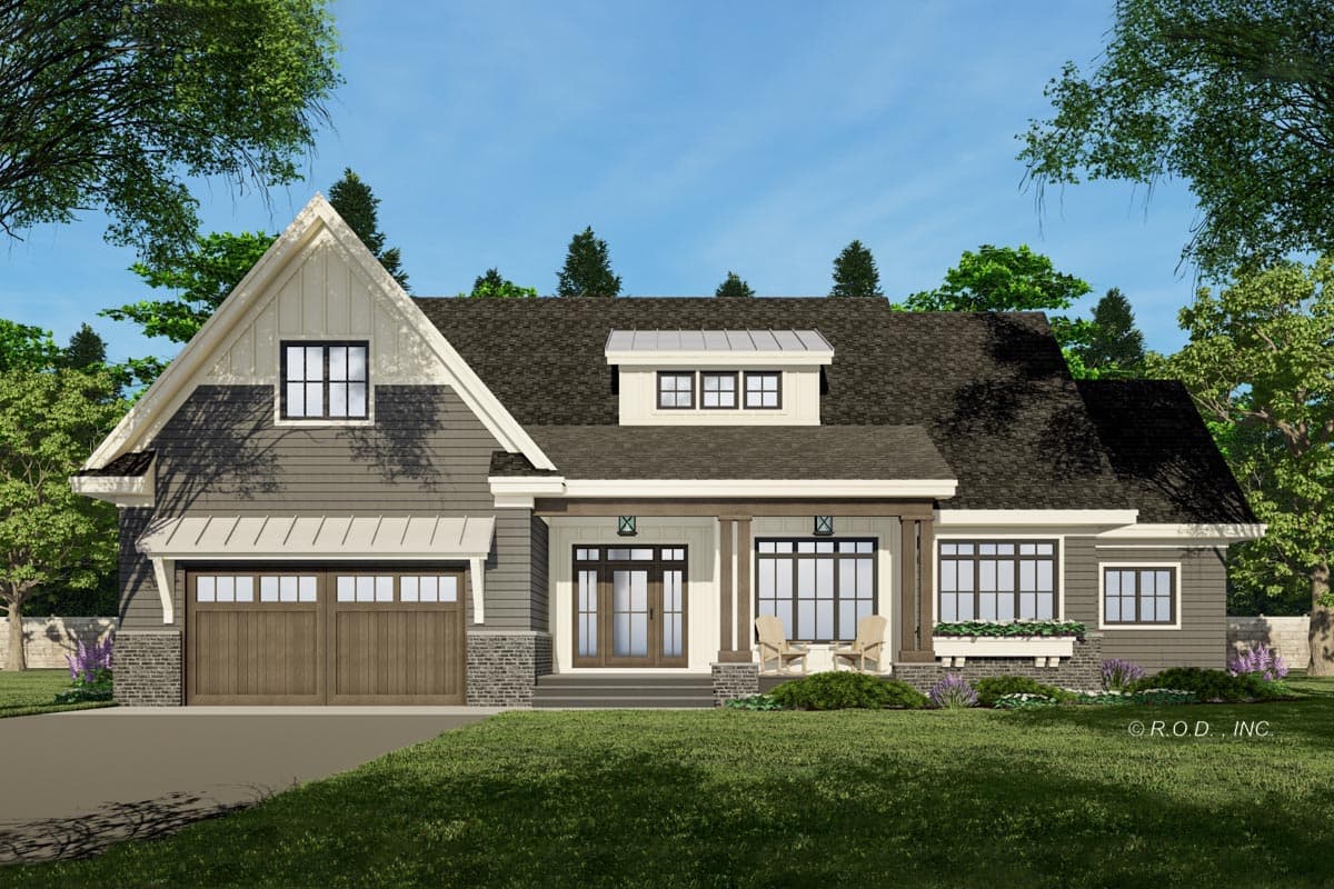 House plan exterior. Modern Farmhouse style with two stories, a front-facing garage, a gabled roofline, and a covered porch with pillars.