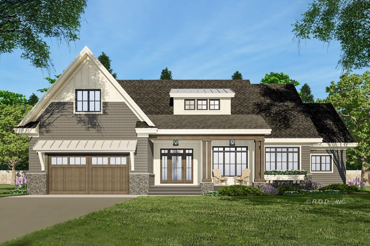 House plan exterior: Modern Farmhouse style, one story, with a prominent gable, dormer, and side-entry garage.