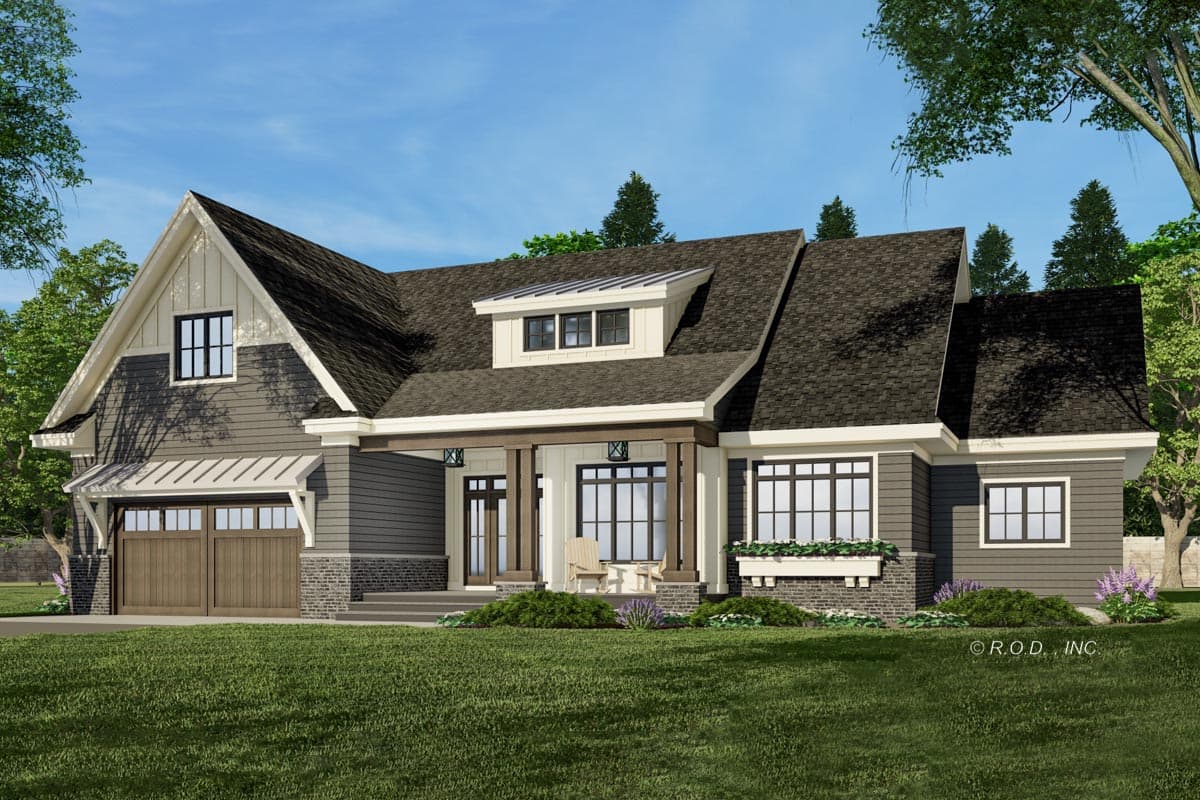 House plan exterior with a prominent gable, dormer, covered porch with columns, and a side-facing garage.