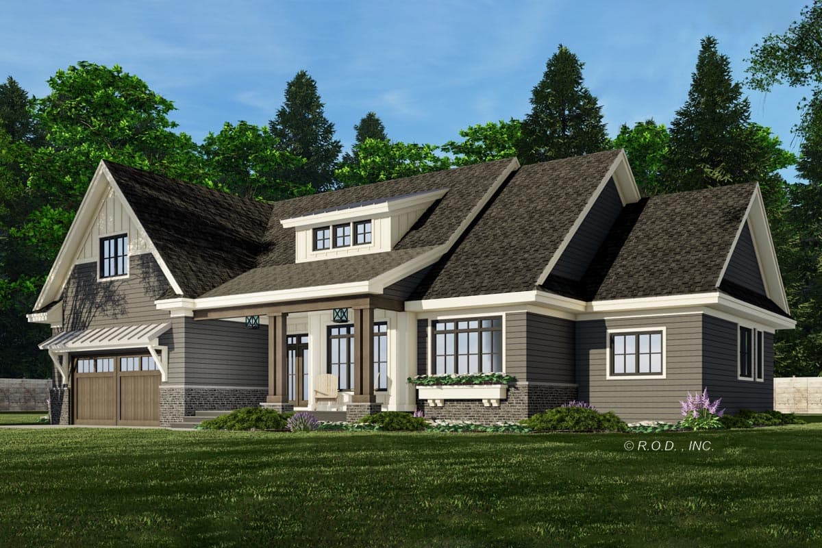 House plan exterior, modern style, featuring a prominent gable, dormer with multiple windows, covered entry porch, and attached garage.