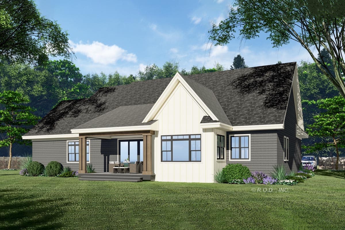 Modern Farmhouse house plan exterior with a covered porch, gabled dormer, and dark gray siding.