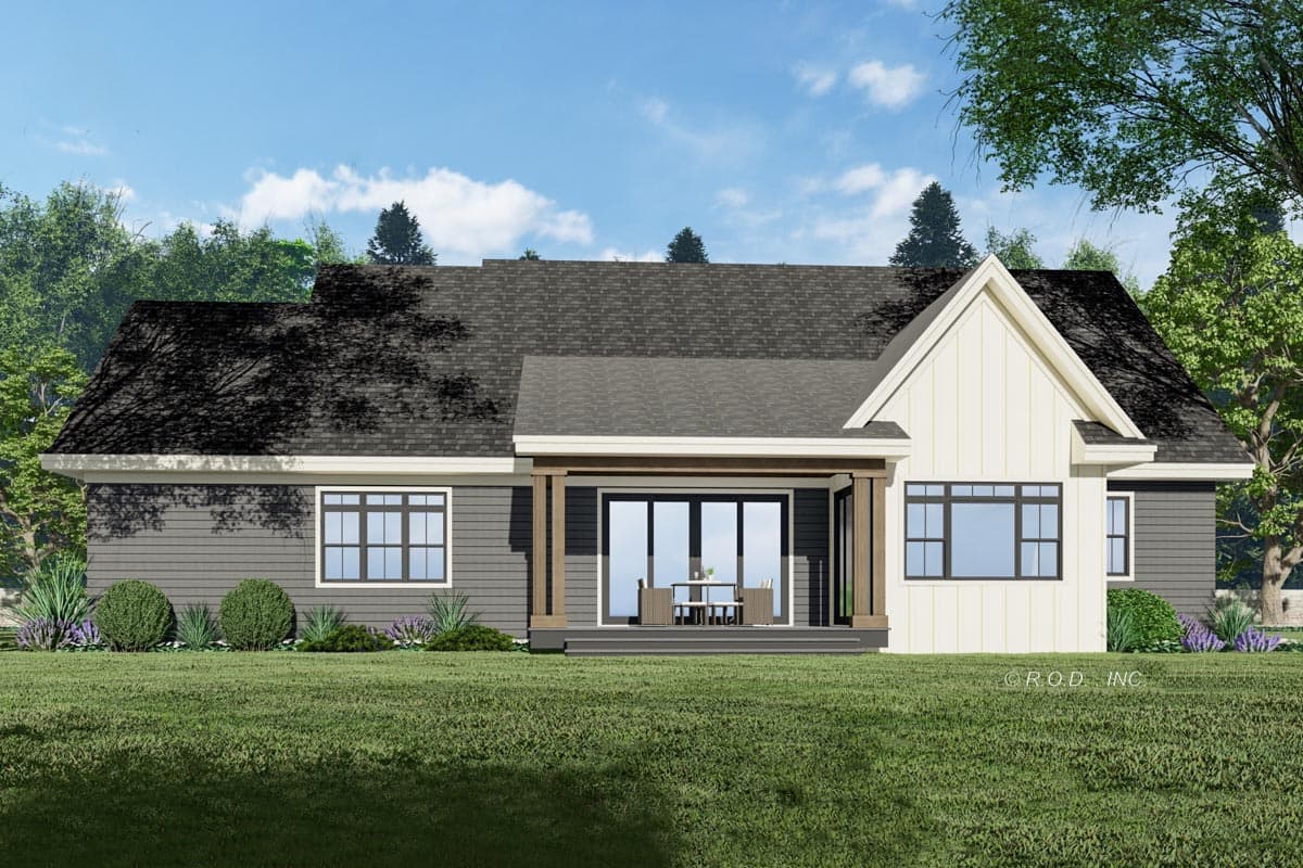 House plan exterior: Ranch style, one story, with covered porch, gabled dormer, and horizontal siding.