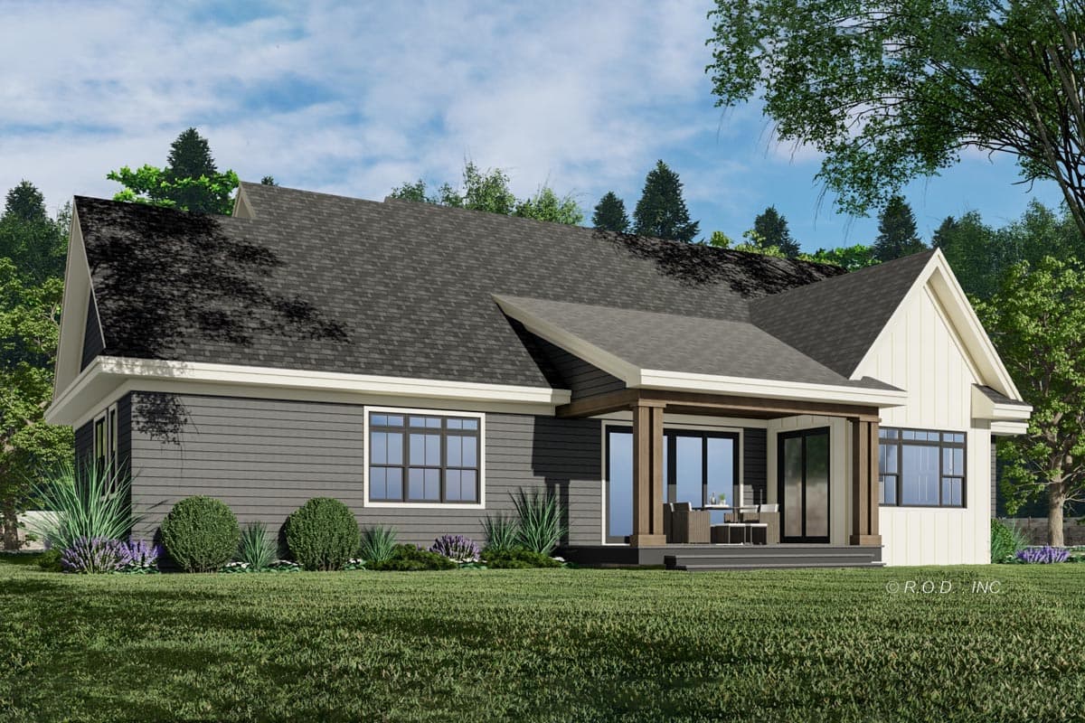 House plan exterior: Modern design with gabled rooflines, covered porch with wood beams, and vinyl siding.
