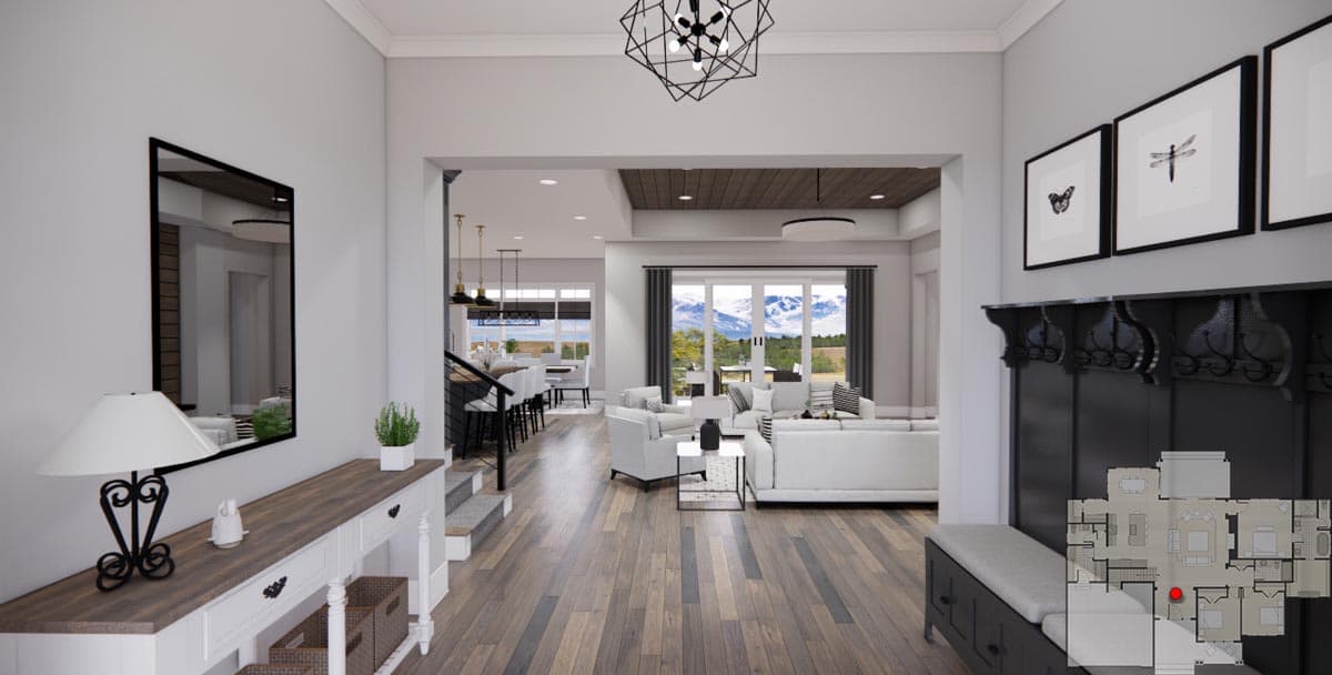 Interior view of a house plan: foyer with console table, living room with sofas, and dining area with island and bar stools.