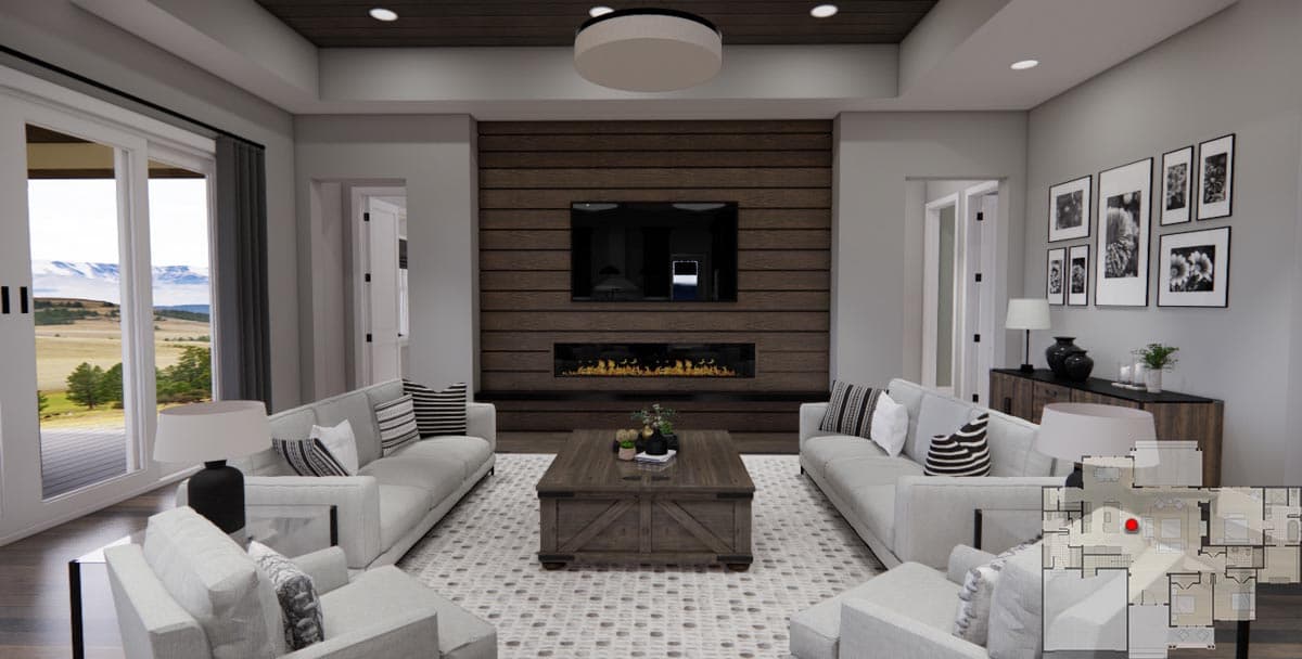 Great room with fireplace, media wall, and large sliding glass doors. Floor plan shown.