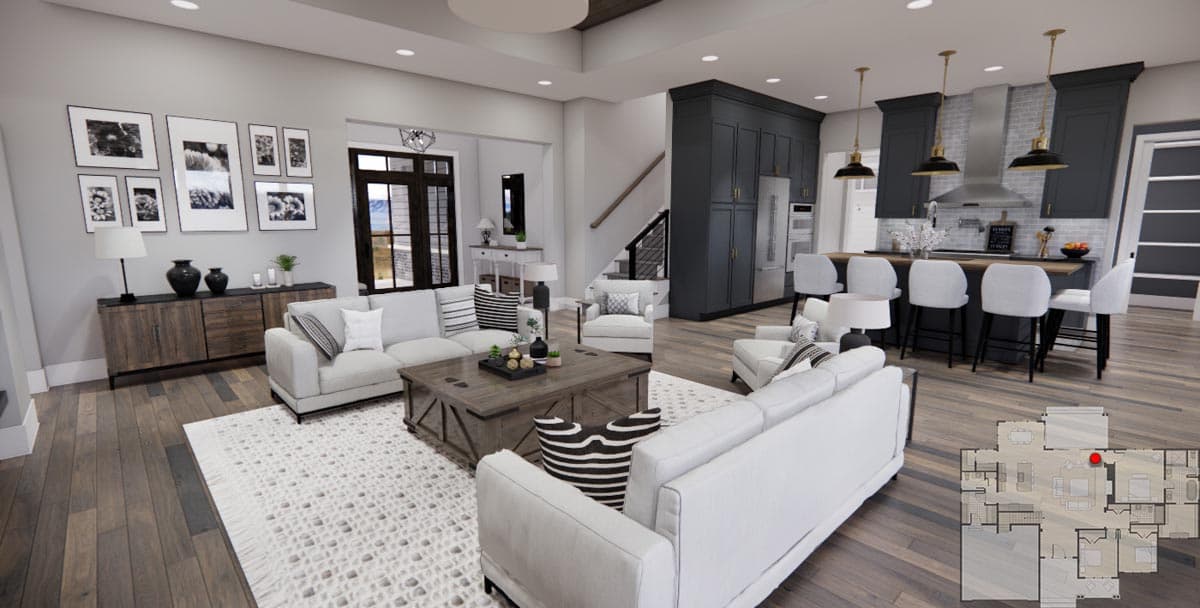 Interior rendering of a great room and kitchen with white sofas, dark cabinetry, island with bar stools, and a staircase.